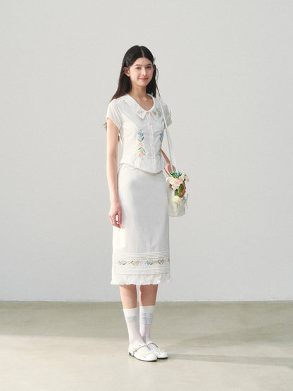 Embroidered Short-sleeve Waist-cinching Shirt &amp; Skirt Set