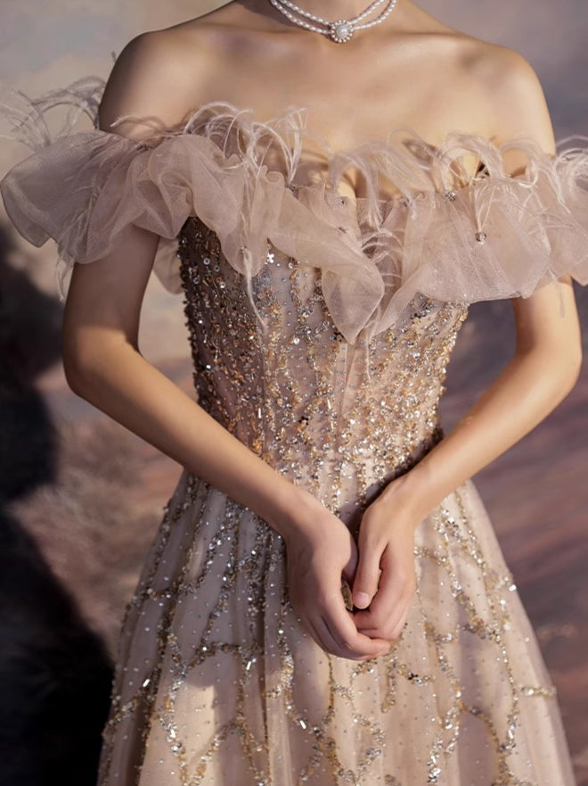 Feathered Scarlet Embellished Off-Shoulder Gown