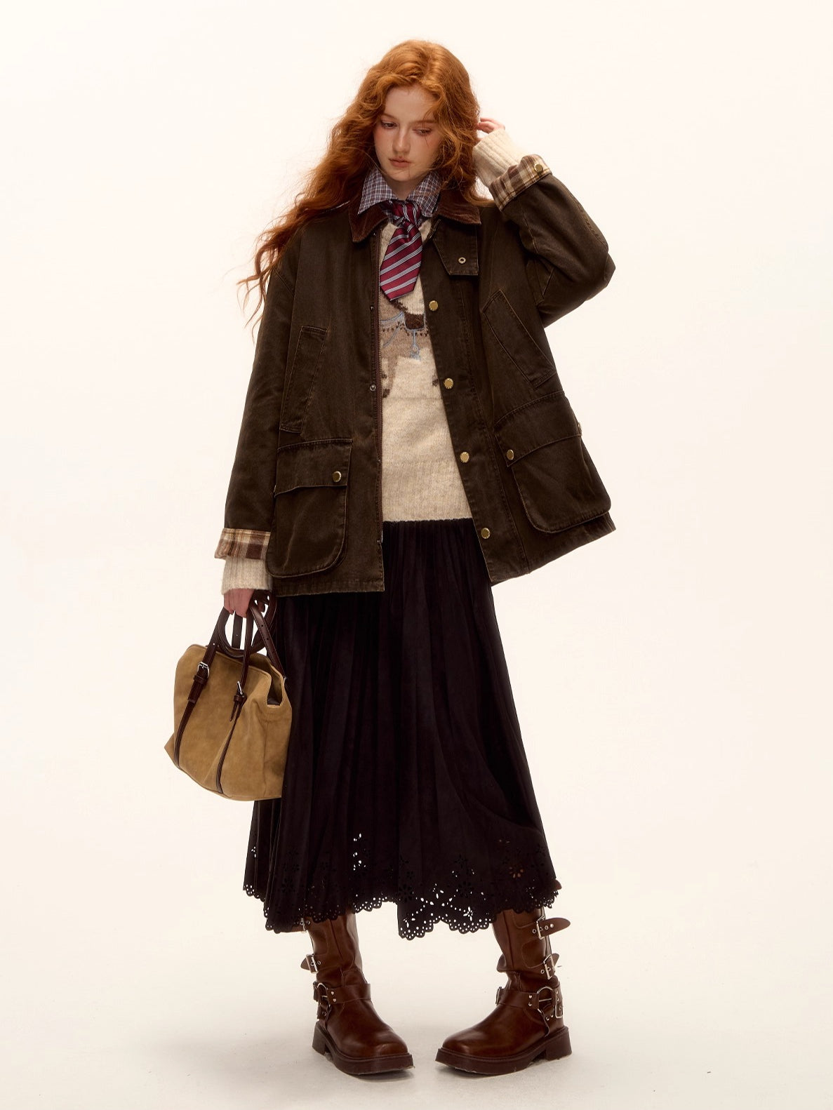 Suede Pleated Midi Skirt