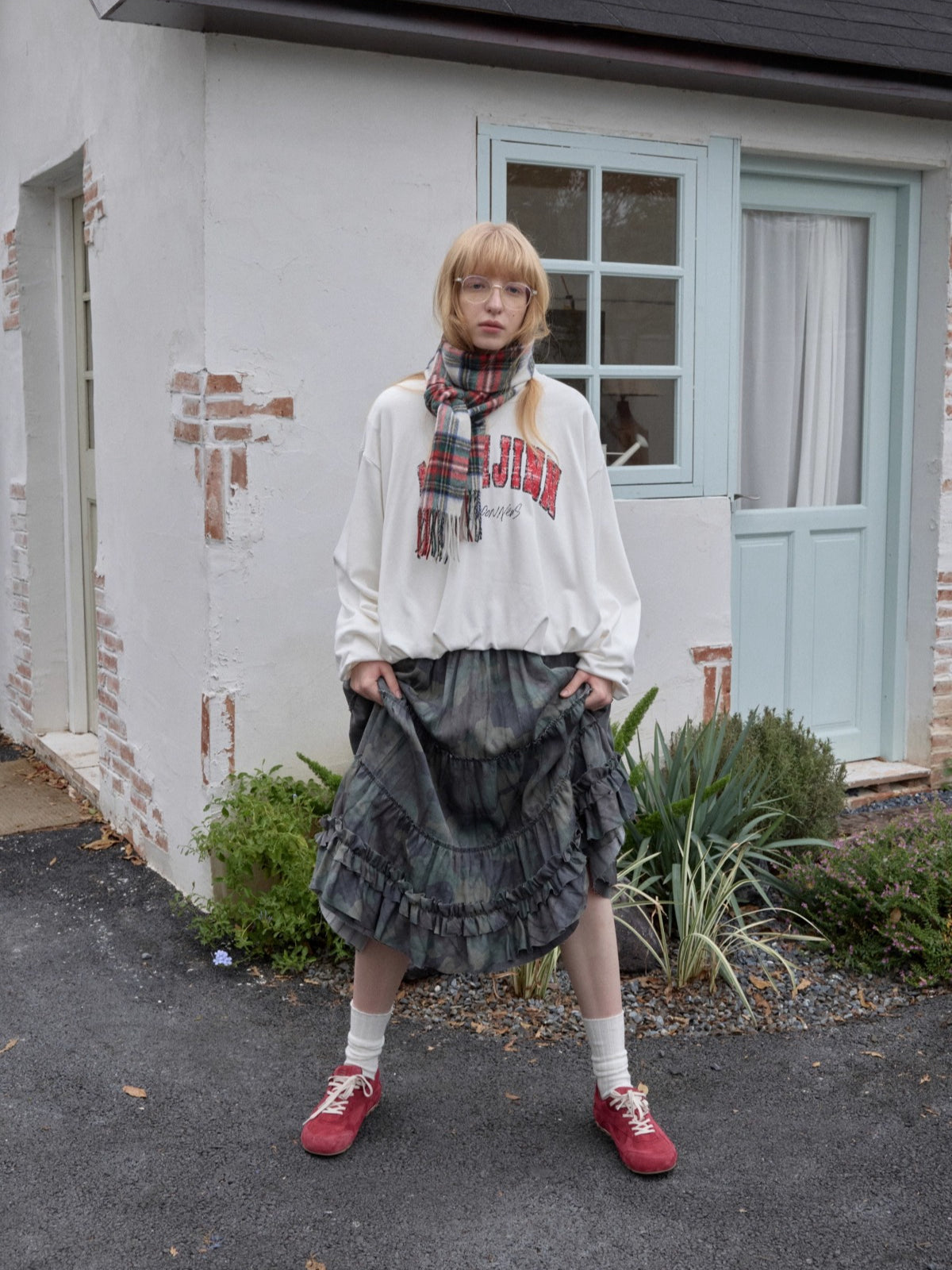 Camouflage Raw-Edge Ruched Layered Skirt