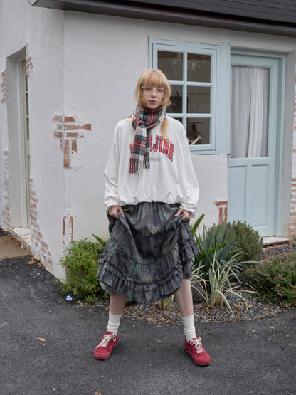 Camouflage Raw-Edge Ruched Layered Skirt