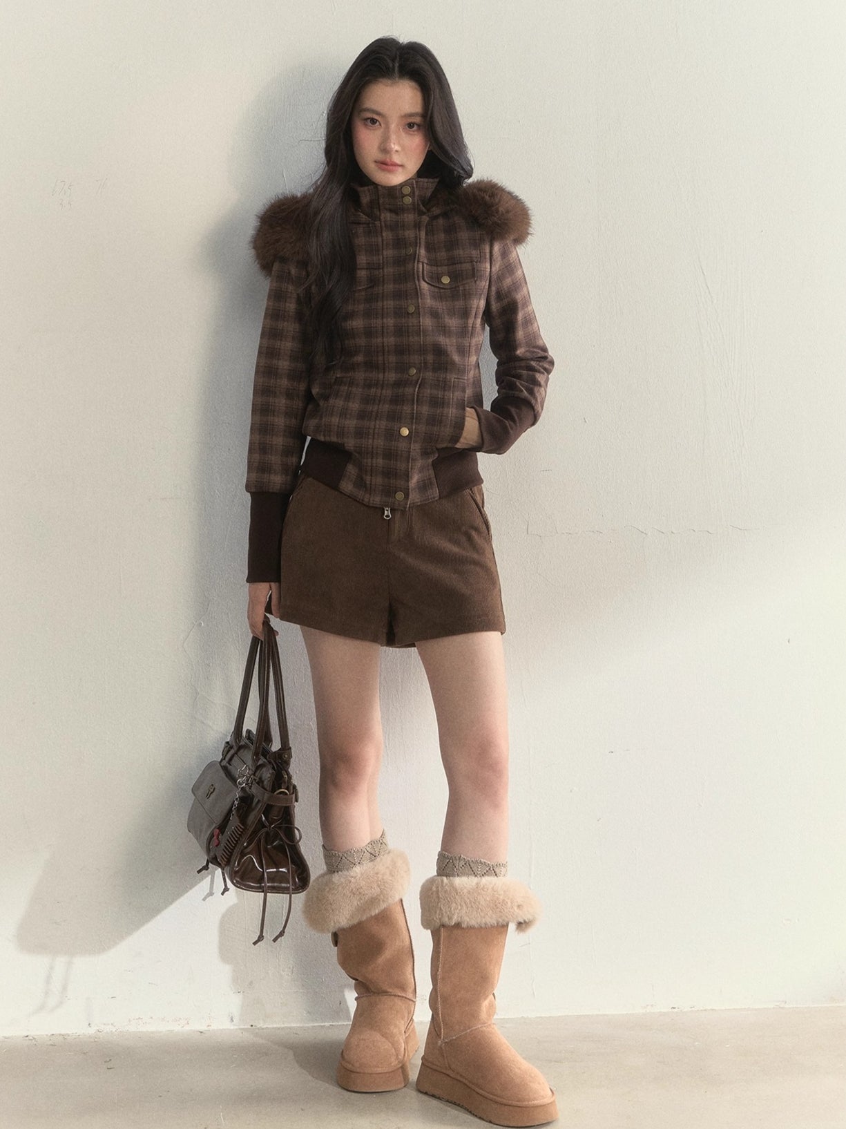 Fleece-Lined Faux Fur Collar Hooded Jacket
