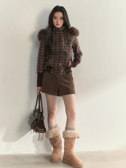 Fleece-Lined Faux Fur Collar Hooded Jacket
