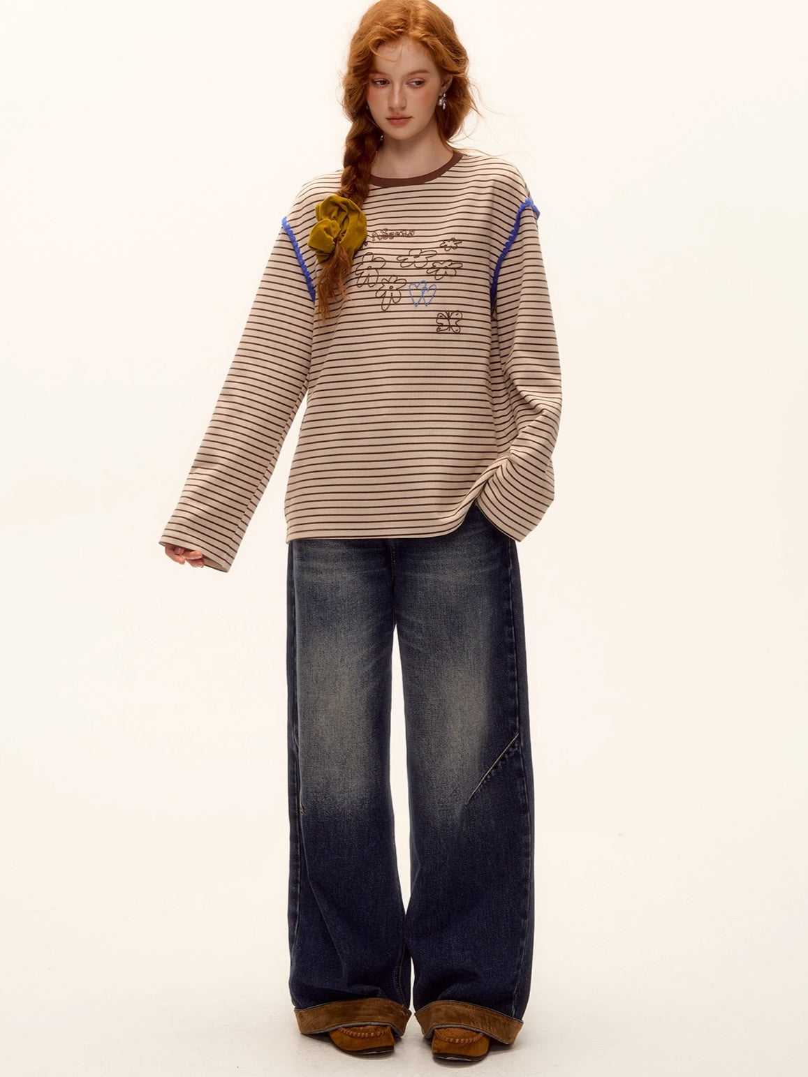 Suede-Panel Washed Denim Wide-Leg Jeans