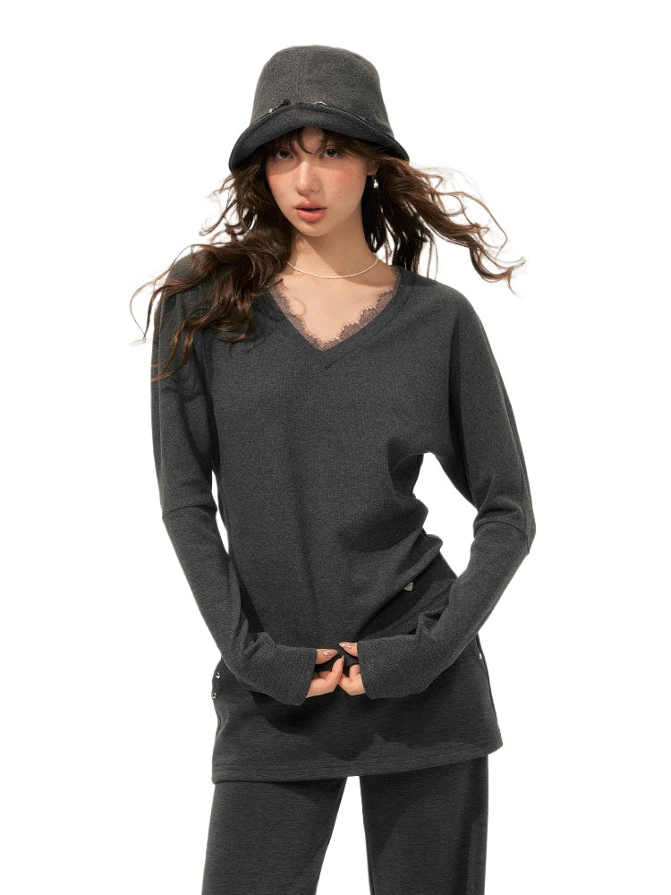 Lace Spliced Fake Two-Piece Knit Sweater