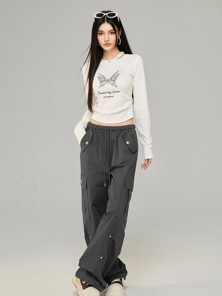 Drawstring Pleated Workwear Wide-Leg Pants