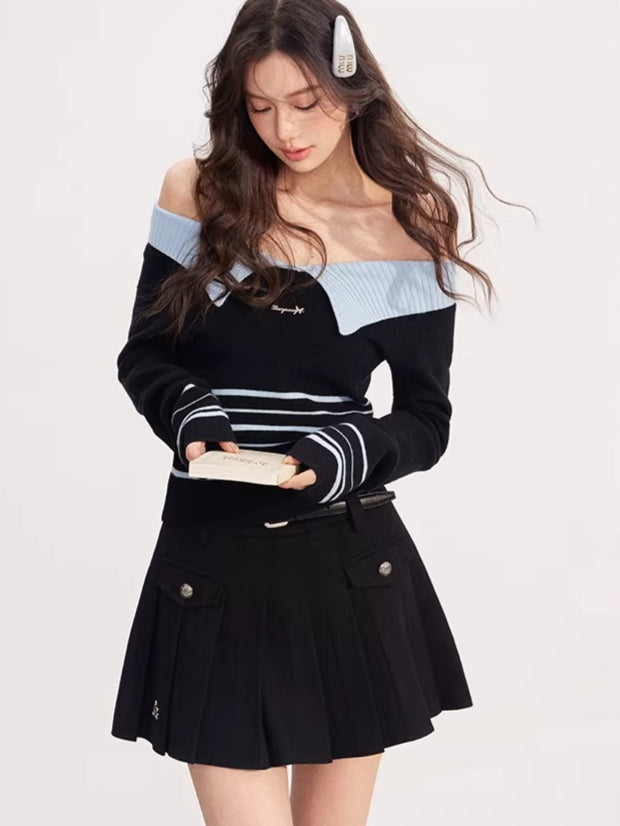 Contrast Collar Striped Knit Polo Top