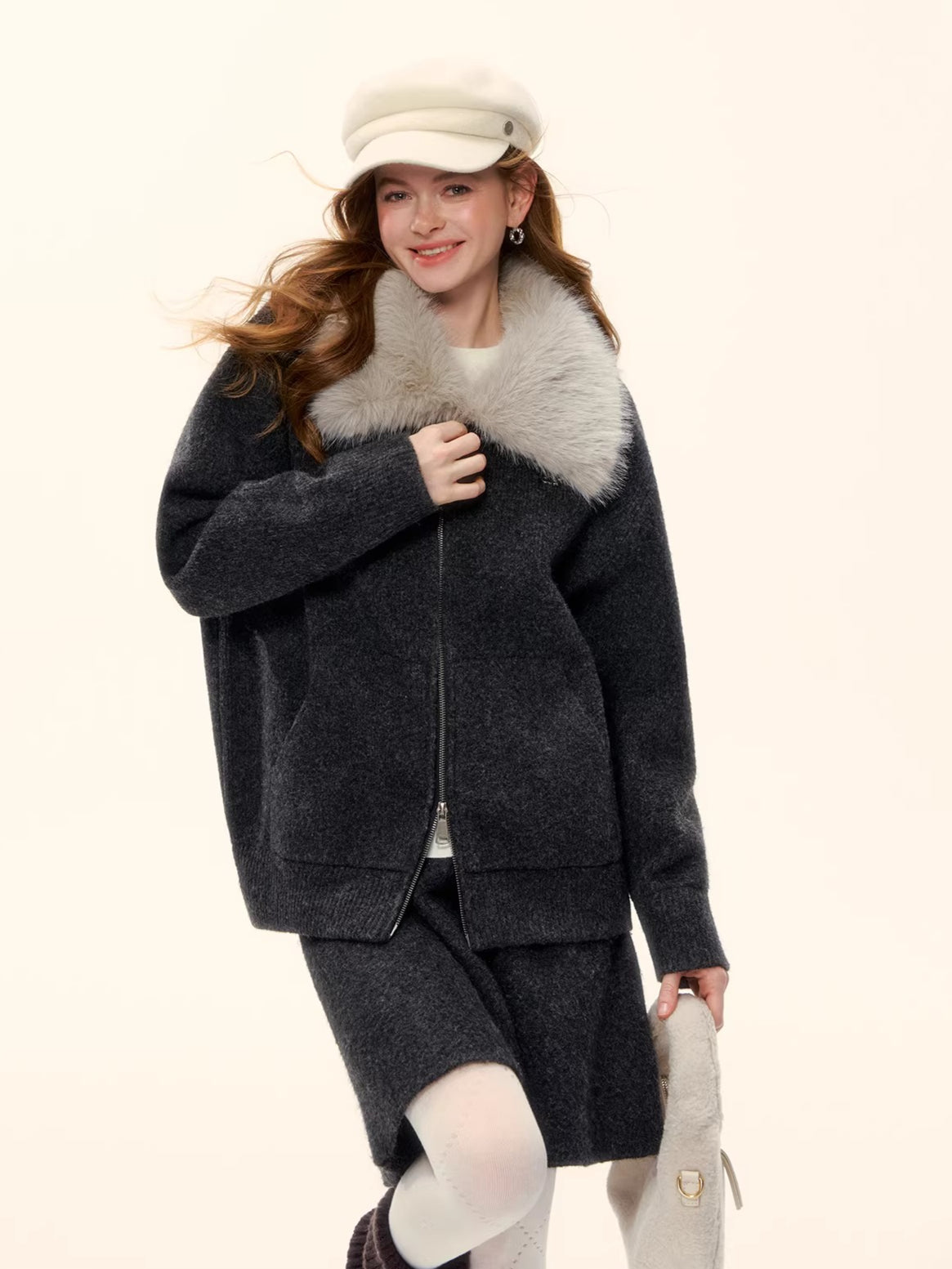 Wool-Blend Zip-Up Knit Jacket