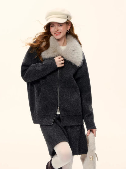 Wool-Blend Zip-Up Knit Jacket