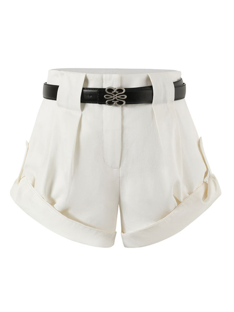 White Slim Fit Cuffed Casual Shorts