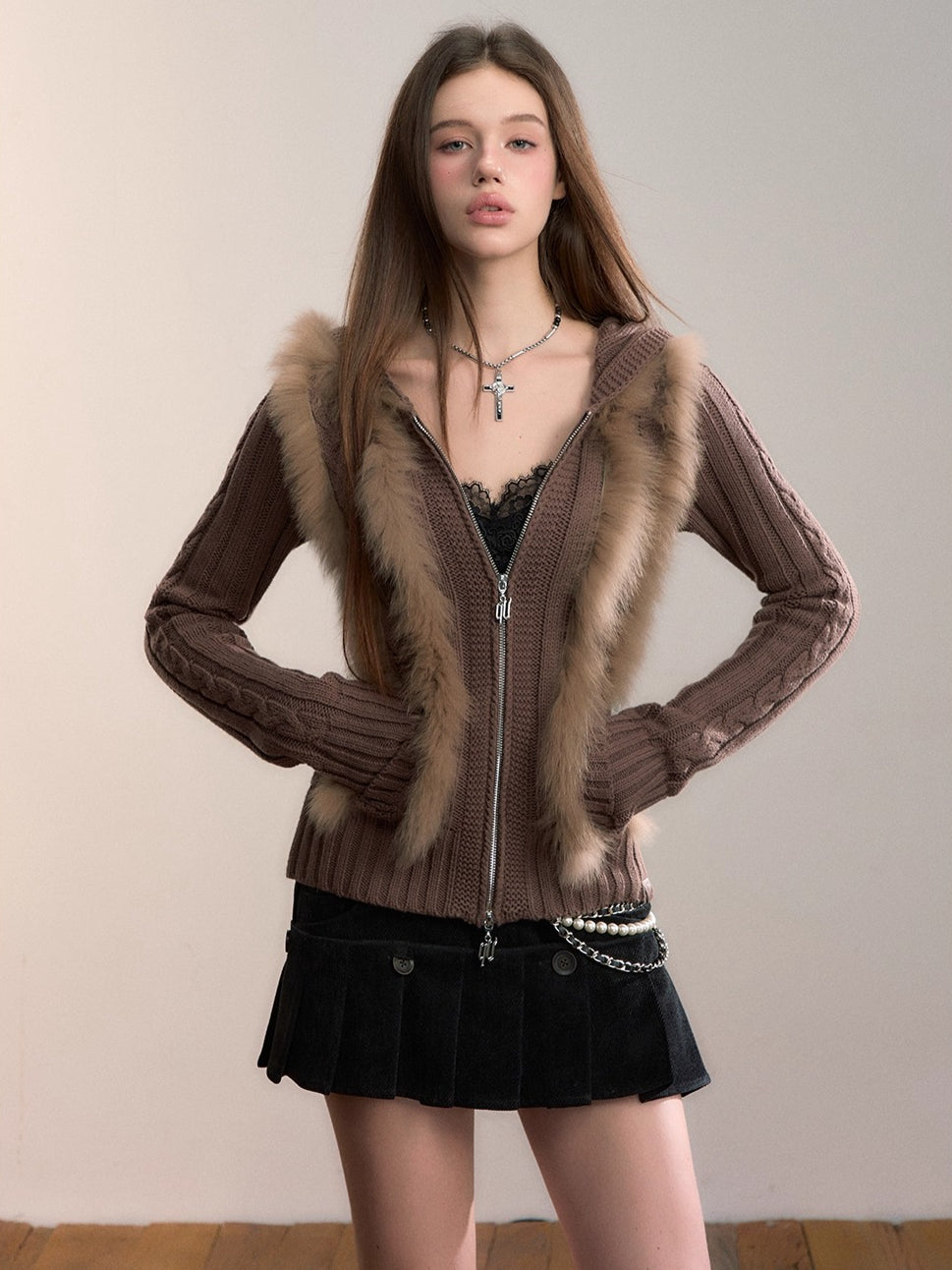 Fox Fur Trim Hooded Knit Cardigan
