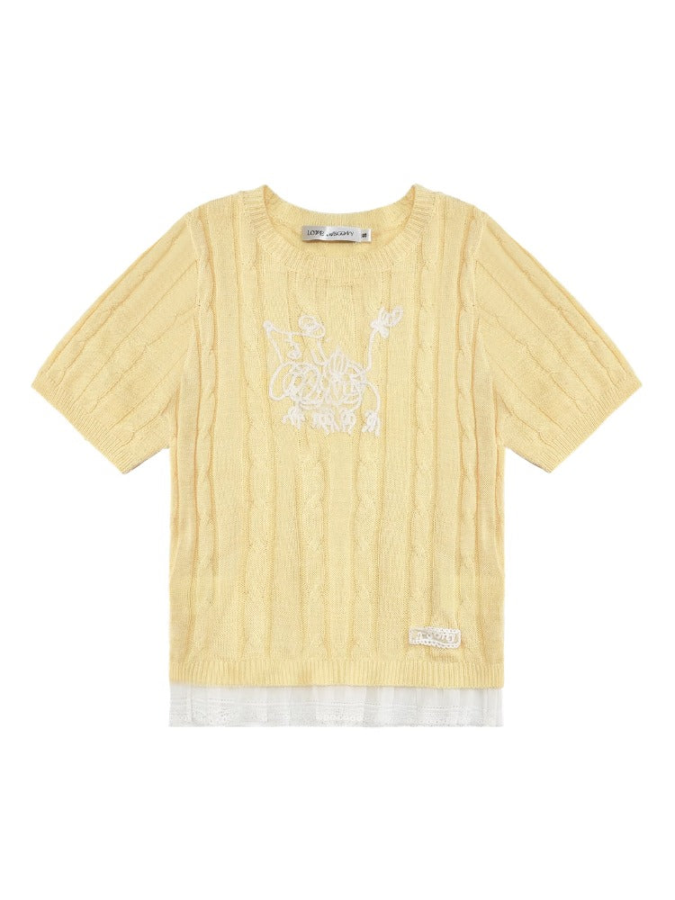 Dog Embroidered Cable Knit T-shirt