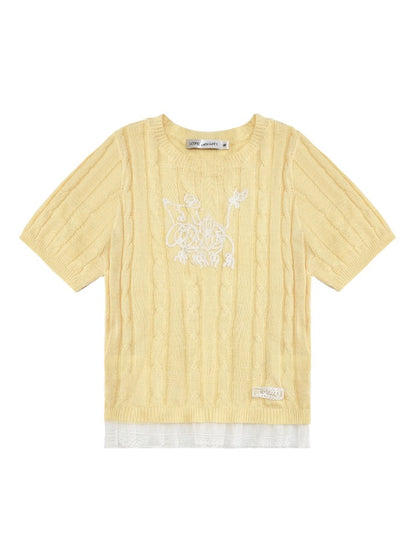 Dog Embroidered Cable Knit T-shirt