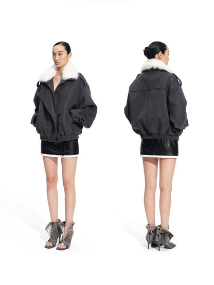 Faux Fox Fur Wool-Blend Aviator Jacket