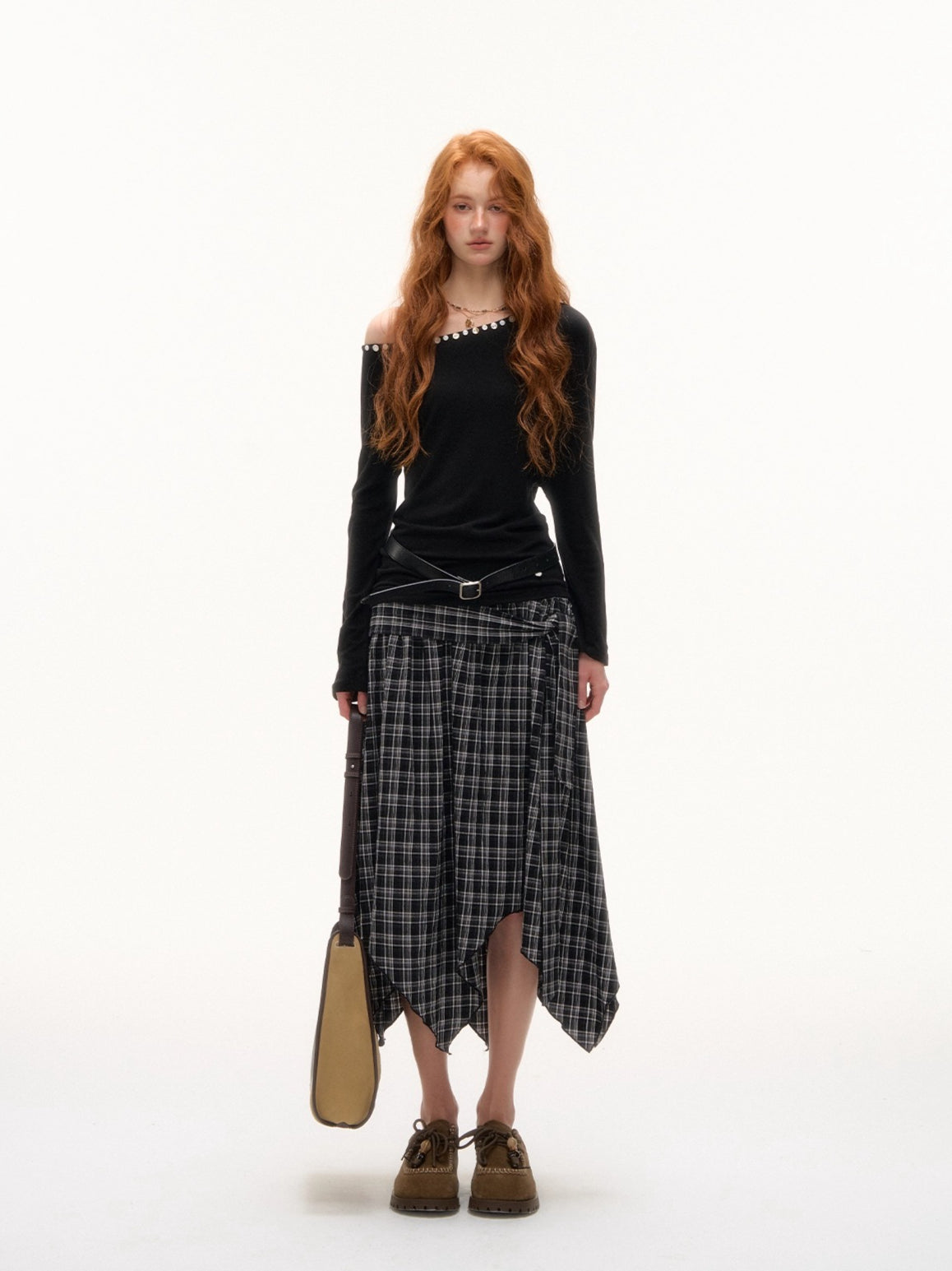 Off-Shoulder Pearl-Button Long-Sleeve T-Shirt