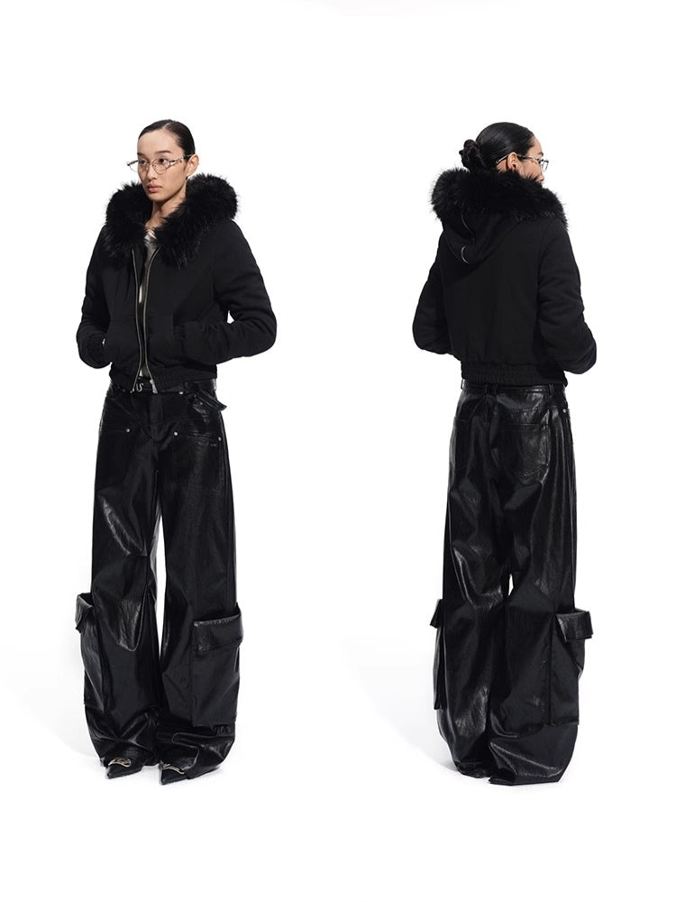 Punk-Style Eco Textured Faux Leather Wide-Leg Pants