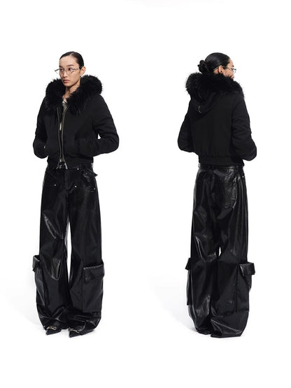 Punk-Style Eco Textured Faux Leather Wide-Leg Pants