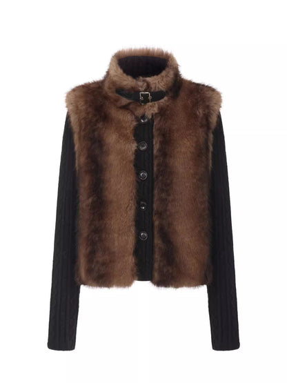 Detachable Sleeve Knit Eco-Fur Jacket