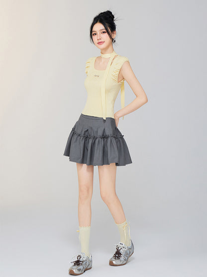 Bubble Sleeve Small Square Neck Knitted Top