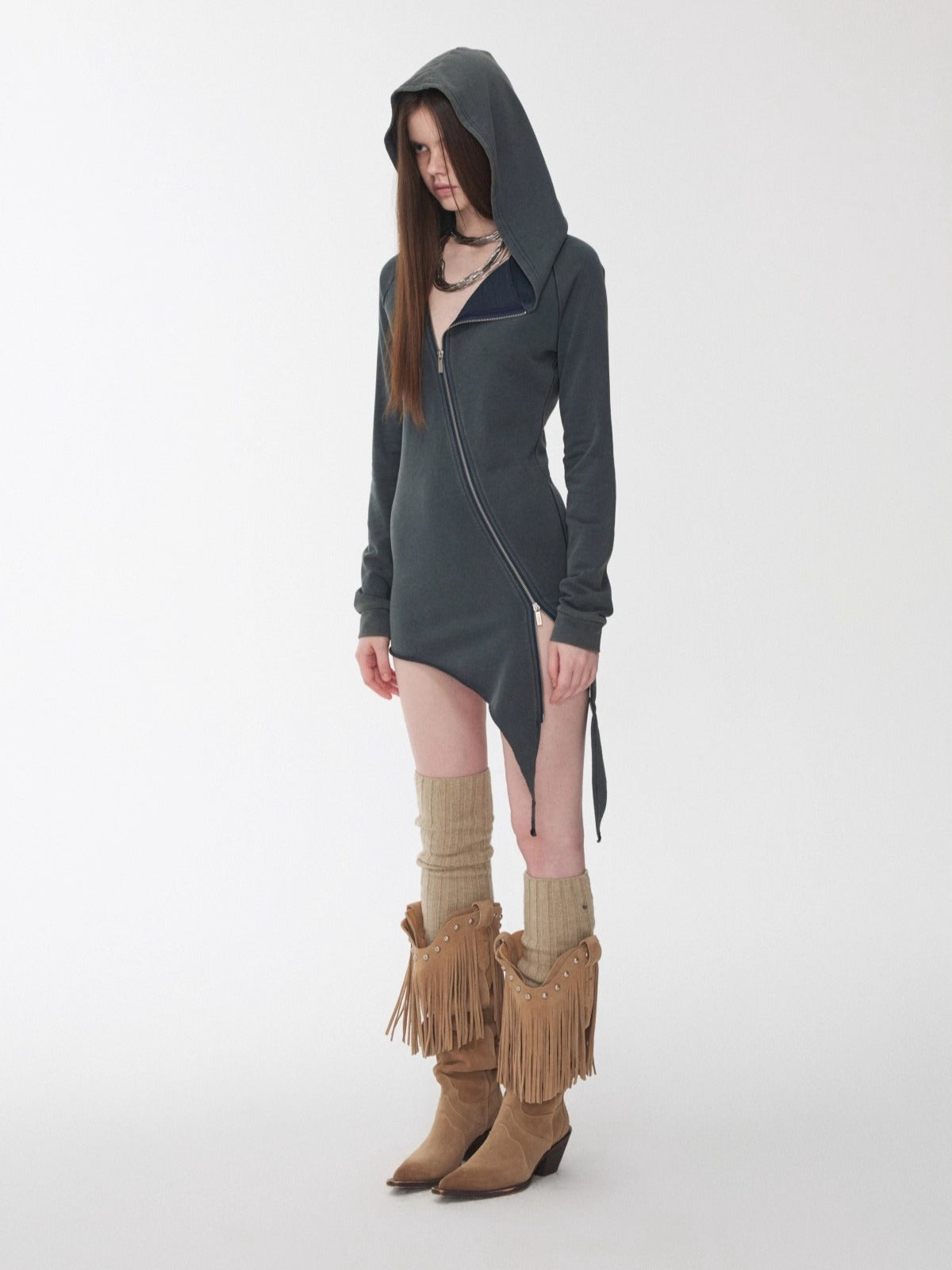 Washed Rhinestone Studded Deconstructed Hoodie Dress