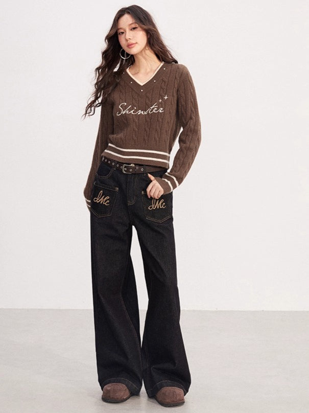 Embroidered Vintage Wide-Leg Denim Pants