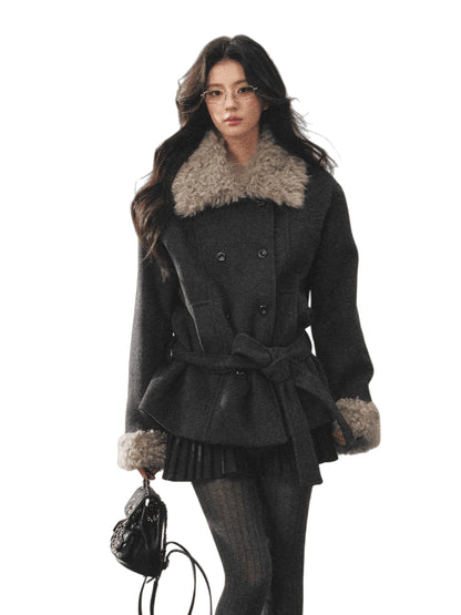 Fur Collar Tie-Waist Wool-Blend Jacket