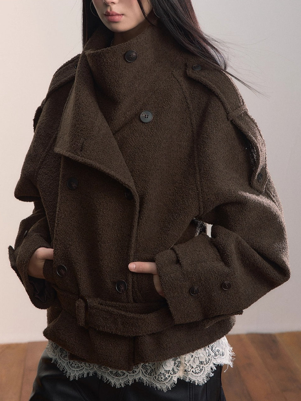 Contrast Double-Breasted Wool-Blend Belted Jacket