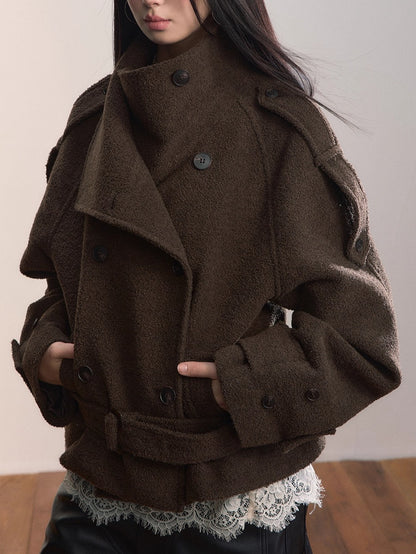 Contrast Double-Breasted Wool-Blend Belted Jacket
