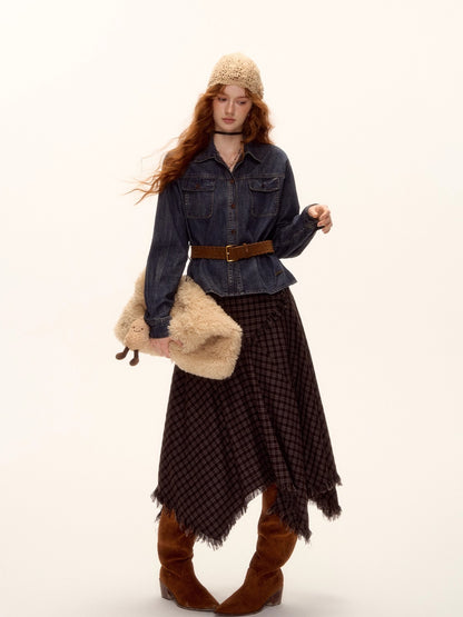 Frayed Hem Plaid Studded Belt Asymmetric A-Line Midi Skirt