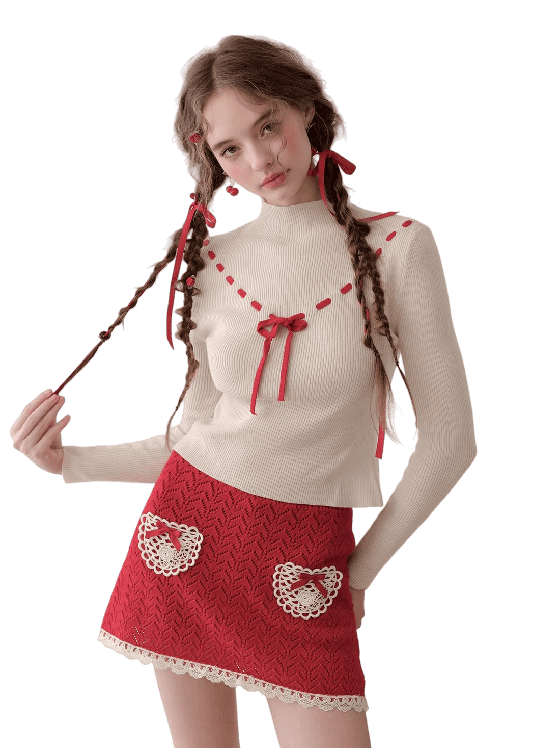 Collegiate White Mock-Neck Knit Top &amp; Skirt Set