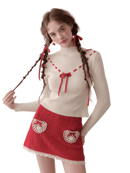 Collegiate White Mock-Neck Knit Top &amp; Skirt Set