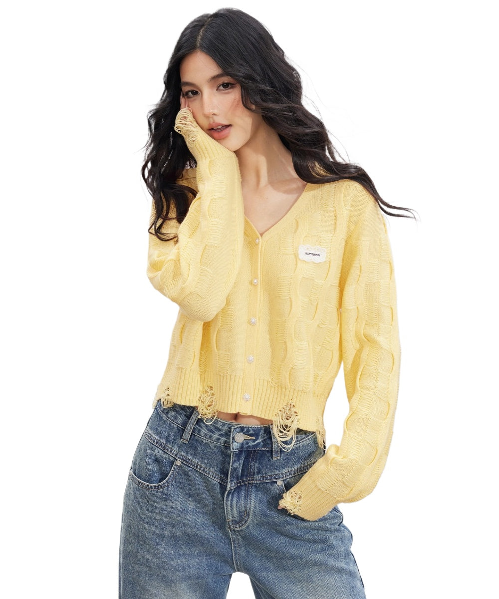 Distressed V-Neck Knit Cardigan