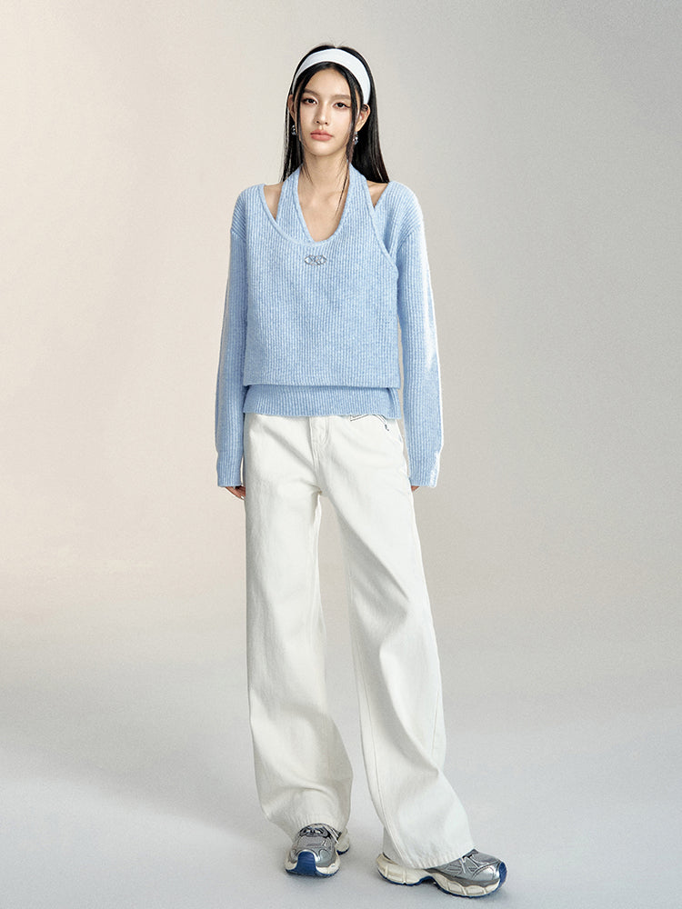 Beige &amp; Blue Asymmetric Cut-out Sweater