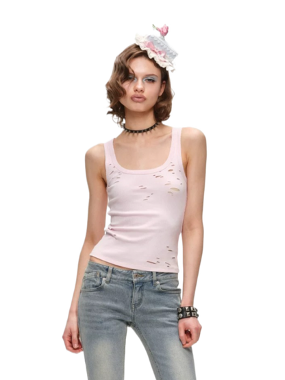 Distressed Lace-Up U-Neck Knit Tank Top 1Jinn Studio