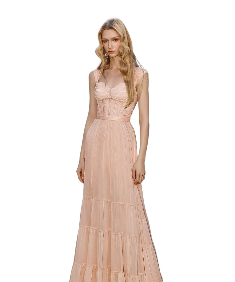 Tia Beaded Halter Chiffon Midi Dresses