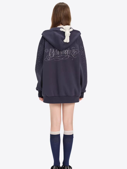 Faux-Diamond Embellished Relaxed Hoodie Jacket