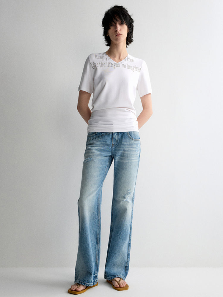 All-Over Print V-Neck Stacked Waist T-shirt