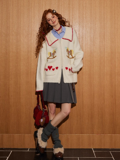 Contrast-Trim Pony Jacquard Zip-Up Knit Cardigan