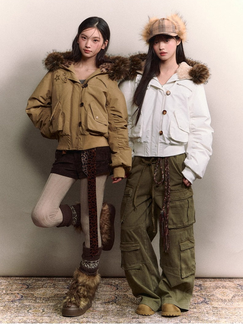 Studded Faux Fur Collar Bomber Down Jacket