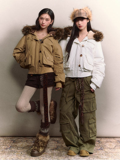 Studded Faux Fur Collar Bomber Down Jacket