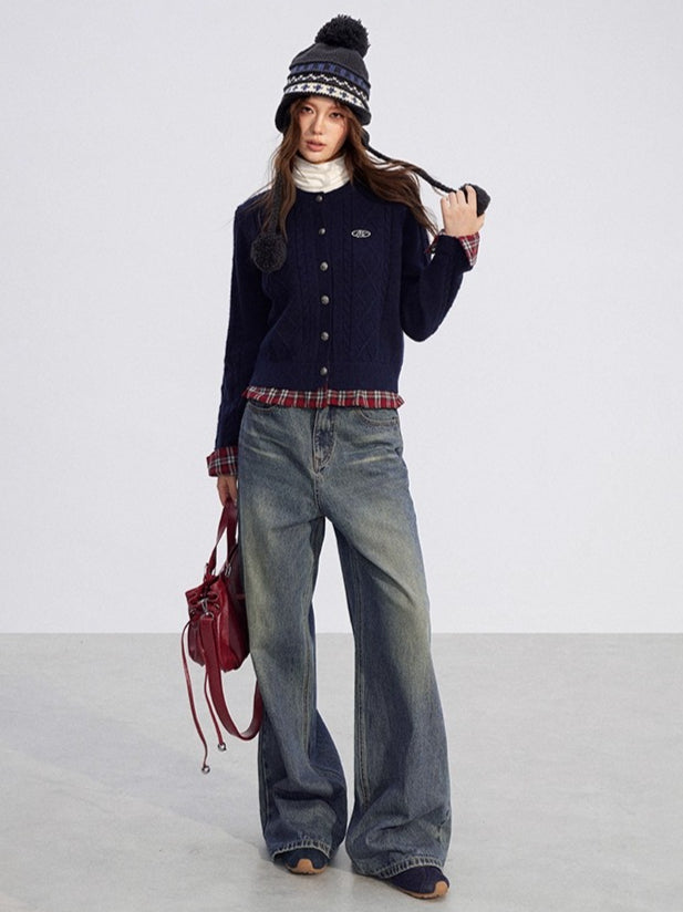 Plaid Patchwork Knit Cardigan