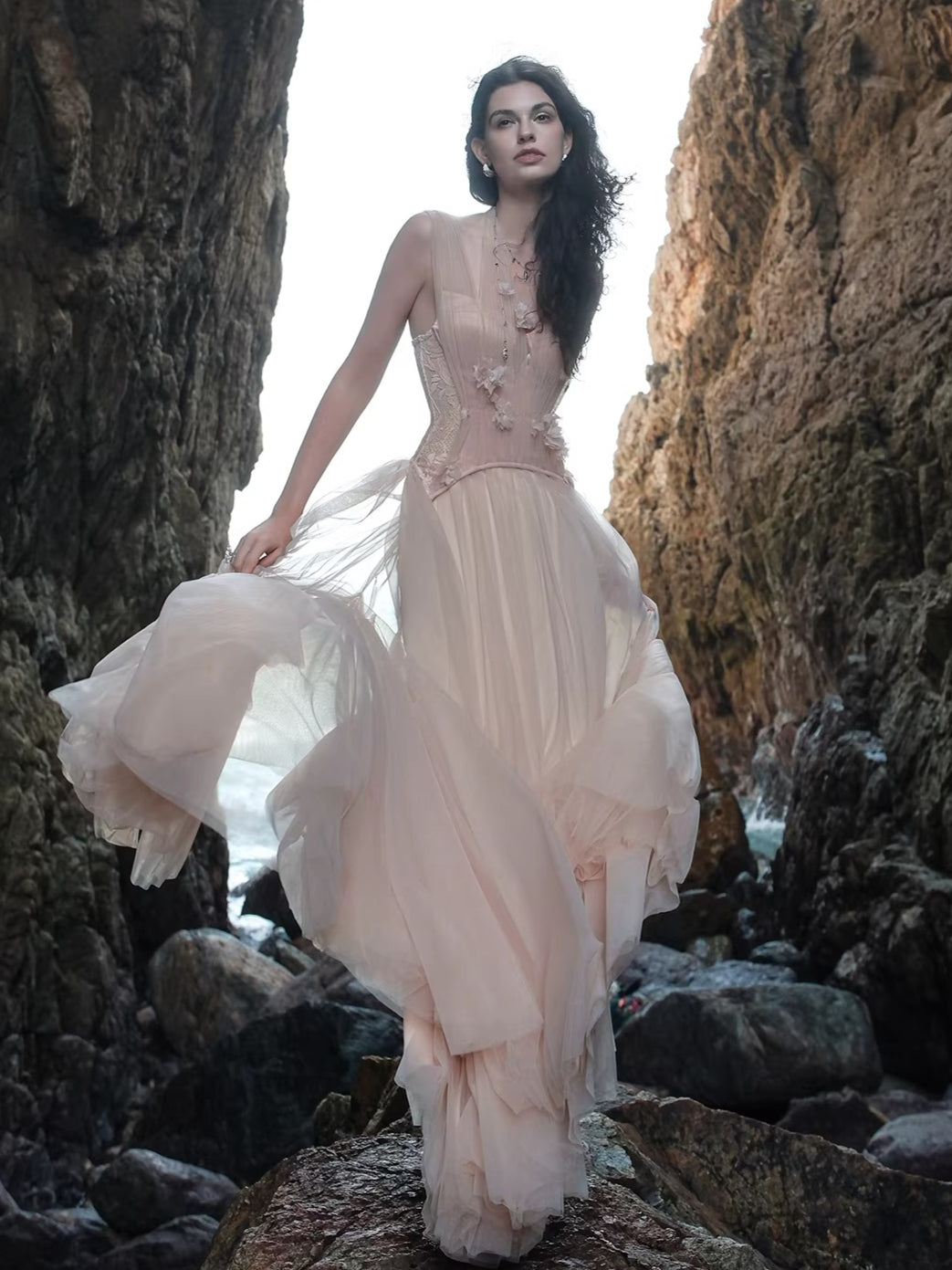 Heavy Lace Halter Corset Mesh Maxi Dress