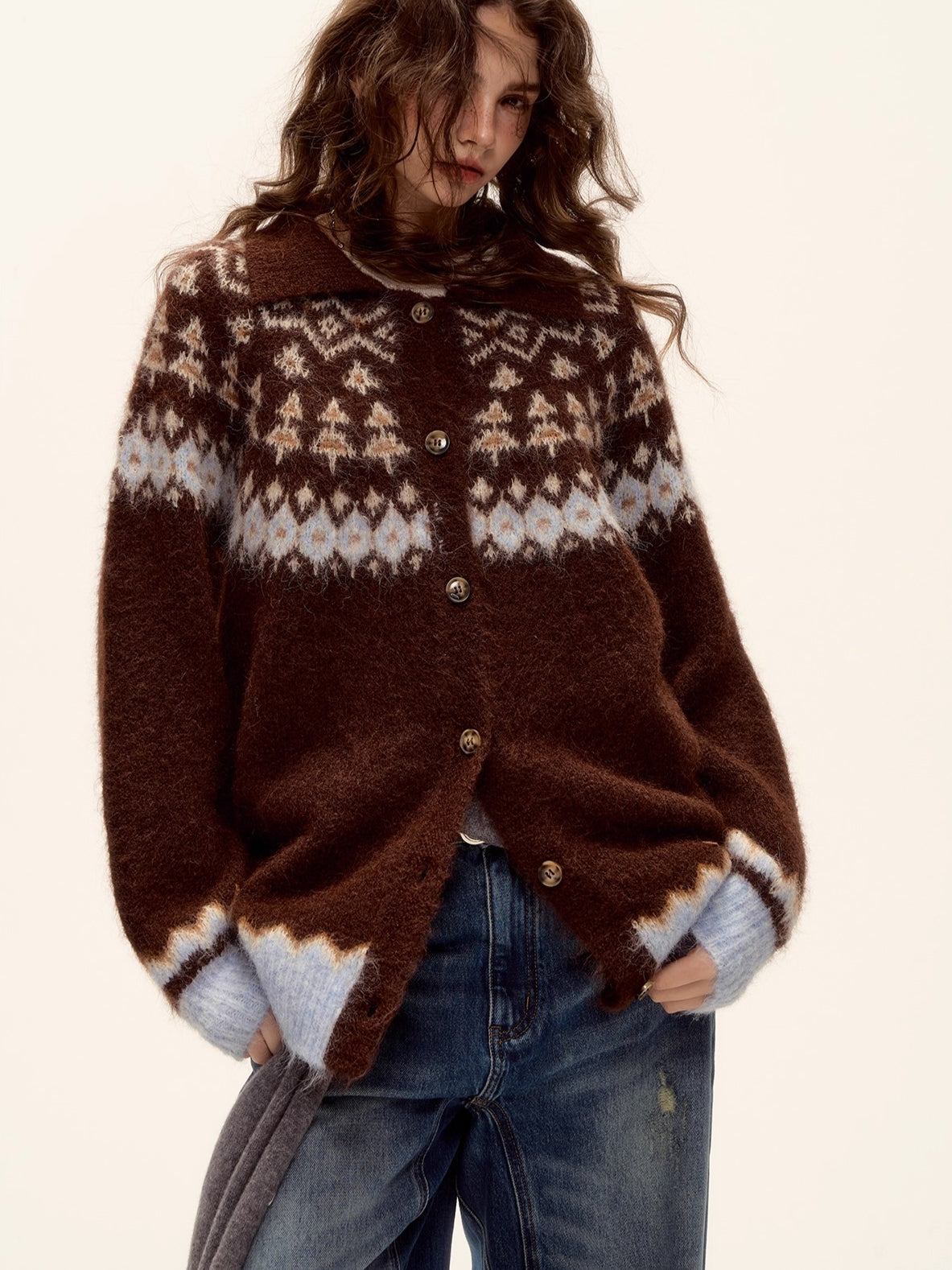 Wool Blend Fair Isle Button-Up Cardigan