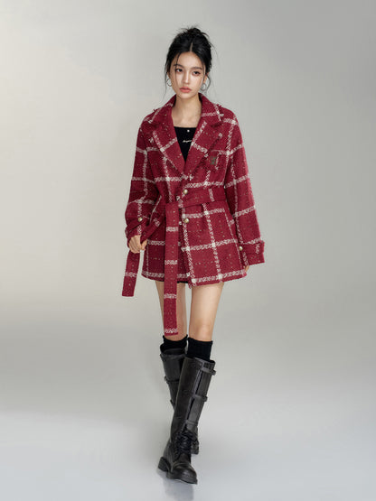 Oversized Woolen Checkered Coat