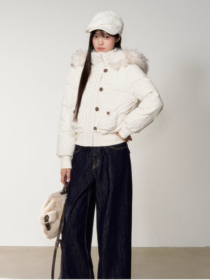 Fuzzy Plaid Down Faux Fur Collar Jacket