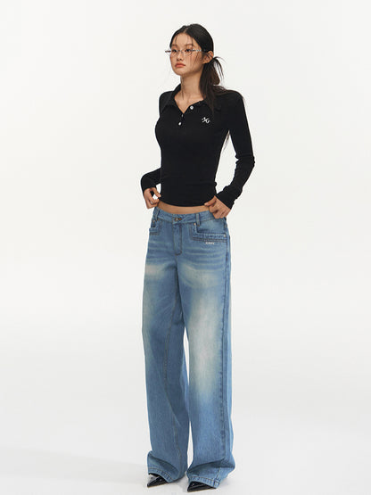 Water-Washed Low-Waist Loose Straight-Leg Pants