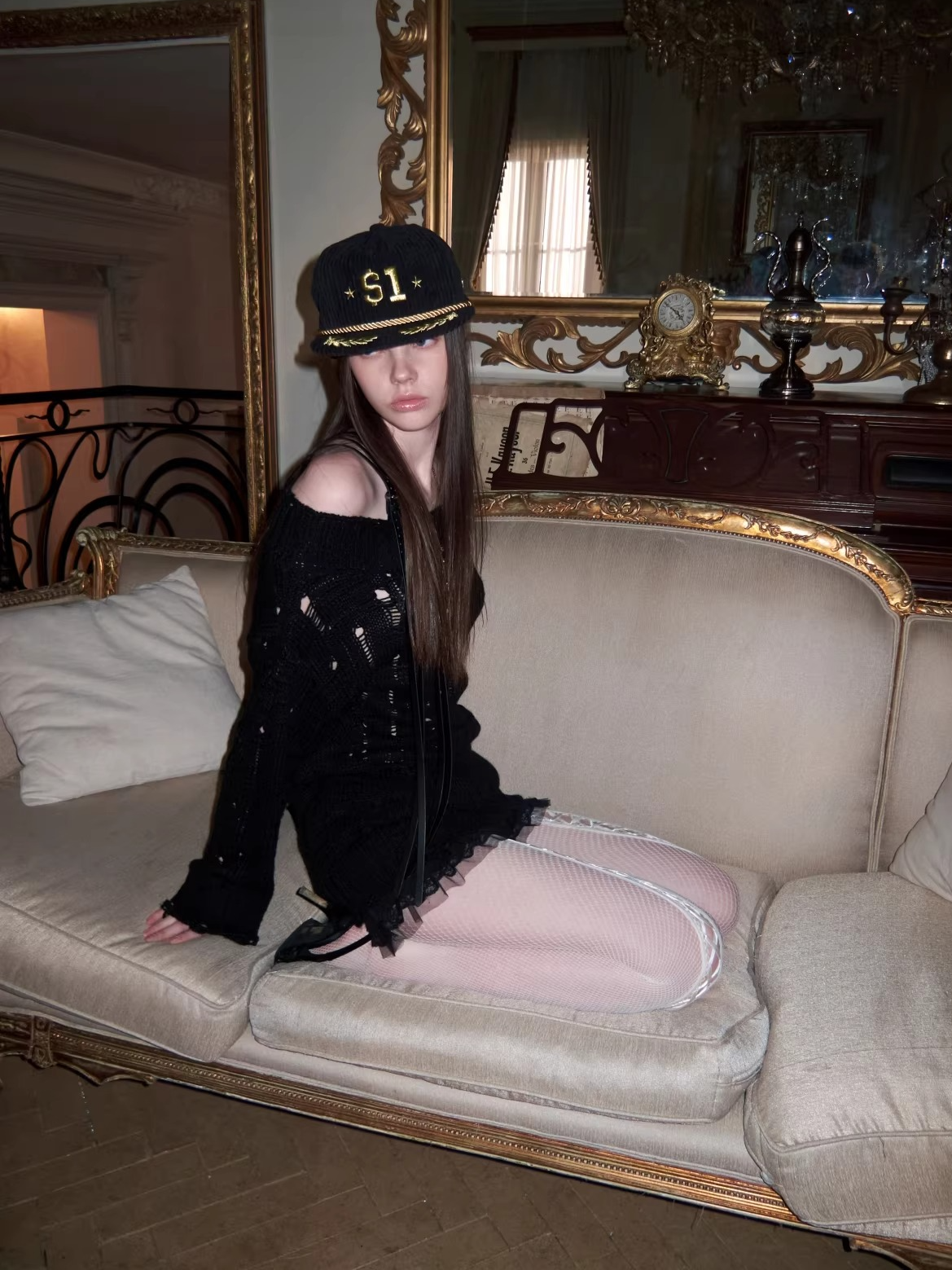 Off-Shoulder Belt Distressed Cable Knit Sweater