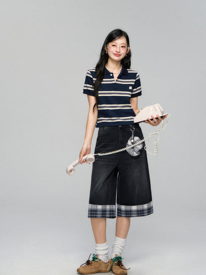 Checkered Patchwork Color-Blocking Wide-Leg Pants Set