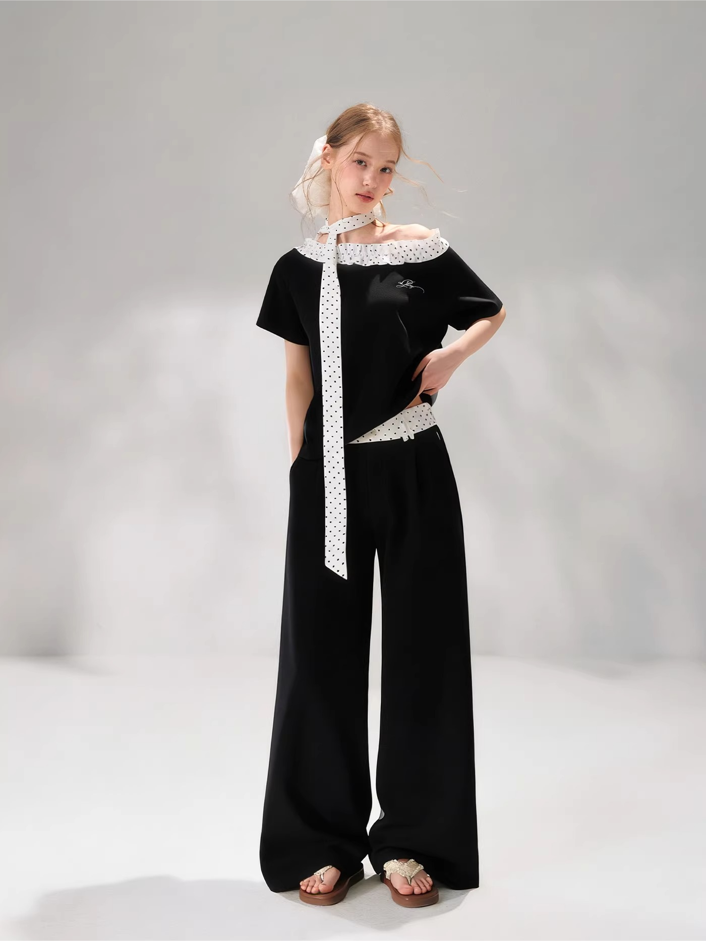 Polka Dot Ruffle Trim Off-Shoulder T-Shirt &amp; Tie-Waist Lounge Pants Set