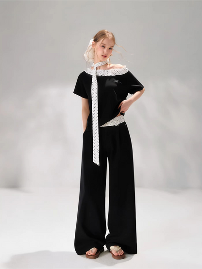 Polka Dot Ruffle Trim Off-Shoulder T-Shirt &amp; Tie-Waist Lounge Pants Set